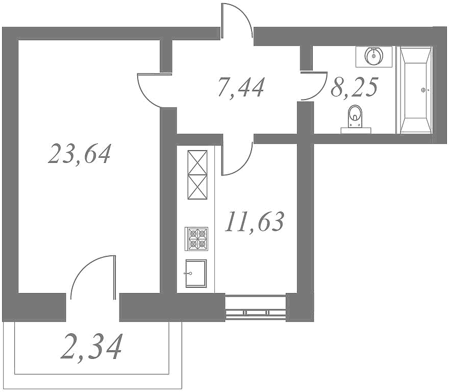 План квартиры №75 с 1 спальней на 5 этаже 5 корпуса ЖК NEVA HAUS