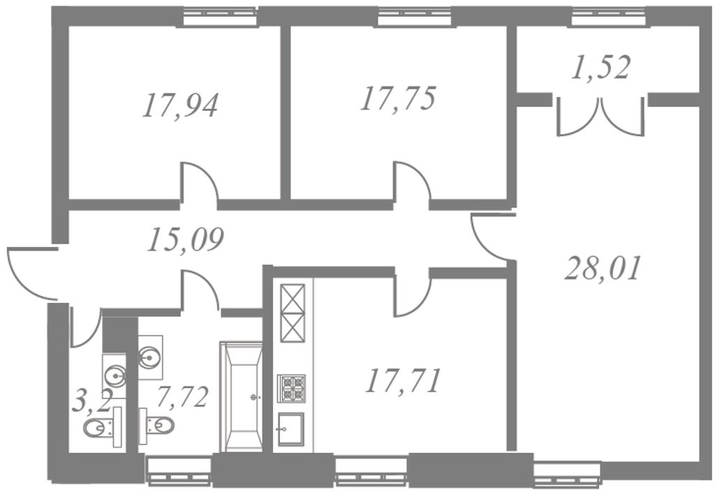 План квартиры №85 с 3 спальнями на 8 этаже 5 корпуса ЖК NEVA HAUS