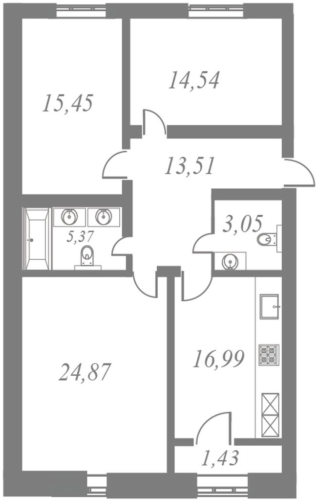 План квартиры №86 с 3 спальнями на 9 этаже 5 корпуса ЖК NEVA HAUS