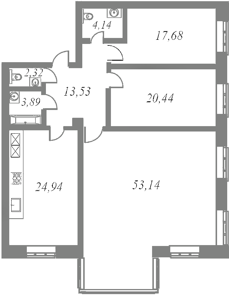 План квартиры №93 с 3 спальнями на 4 этаже 5 корпуса ЖК NEVA HAUS