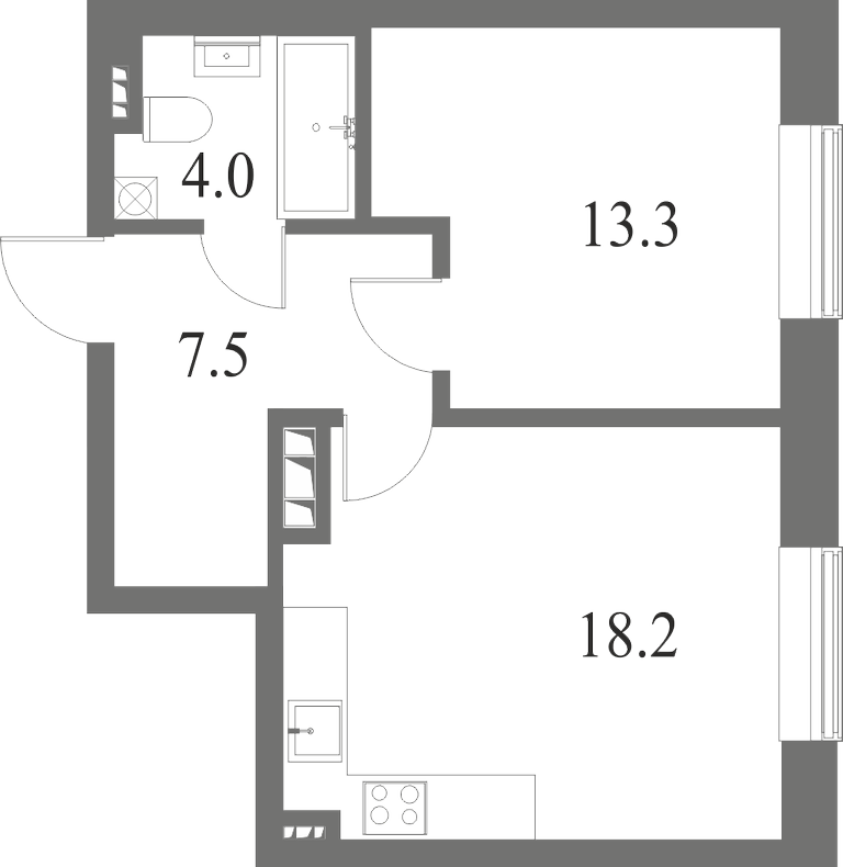 План квартиры №100 с 1 спальней на 5 этаже 6 корпуса ЖК NEVA HAUS