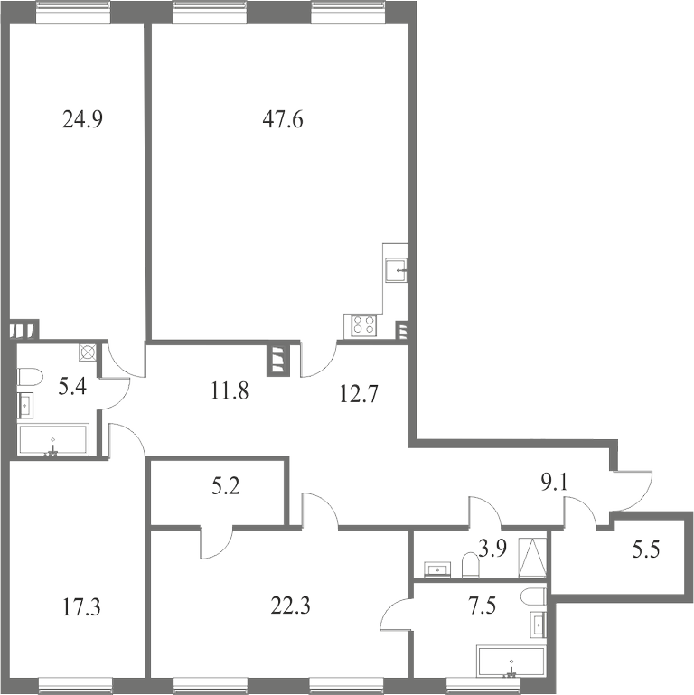 План квартиры №113 с 4 спальнями на 6 этаже 6 корпуса ЖК NEVA HAUS