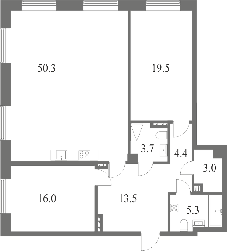 План квартиры №12 с 3 спальнями на 4 этаже 6 корпуса ЖК NEVA HAUS
