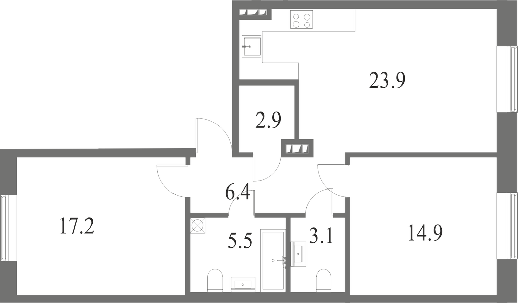 План квартиры №122 с 2 спальнями на 1 этаже 6 корпуса ЖК NEVA HAUS