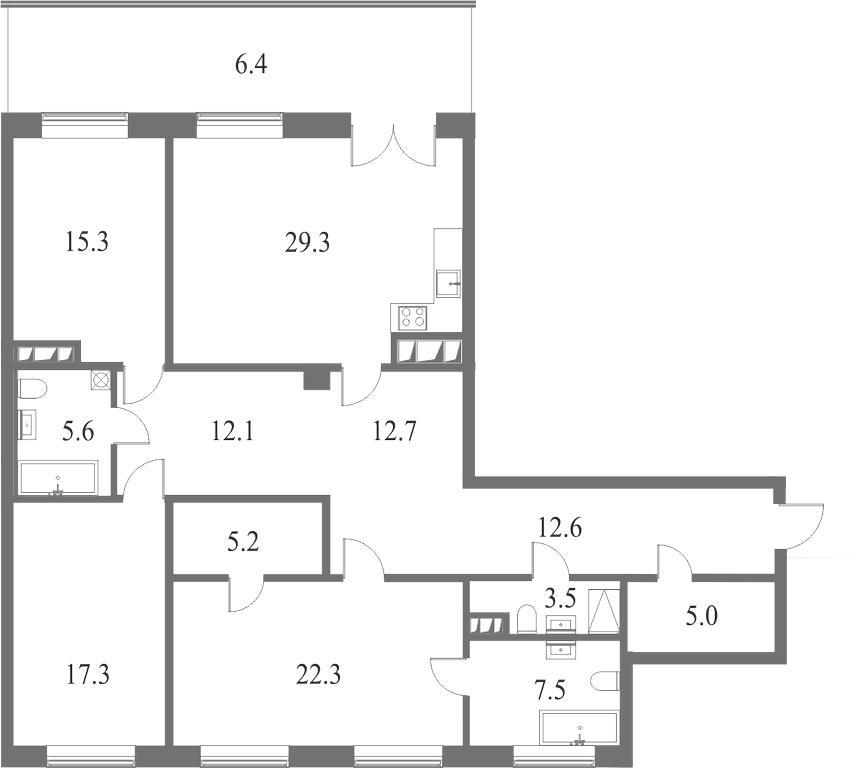 План квартиры №144 с 4 спальнями на 9 этаже 6 корпуса ЖК NEVA HAUS