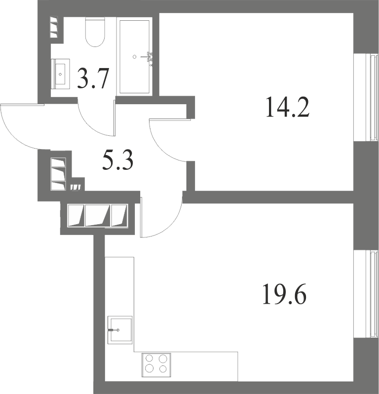 План квартиры №147 с 1 спальней на 9 этаже 6 корпуса ЖК NEVA HAUS