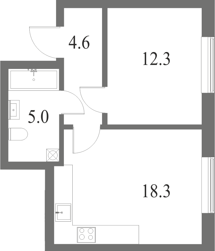 План квартиры №15 с 1 спальней на 3 этаже 6 корпуса ЖК NEVA HAUS