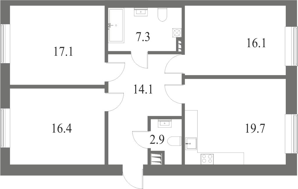 План квартиры №159 с 3 спальнями на 3 этаже 6 корпуса ЖК NEVA HAUS