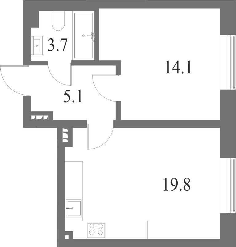План квартиры №160 с 1 спальней на 4 этаже 6 корпуса ЖК NEVA HAUS