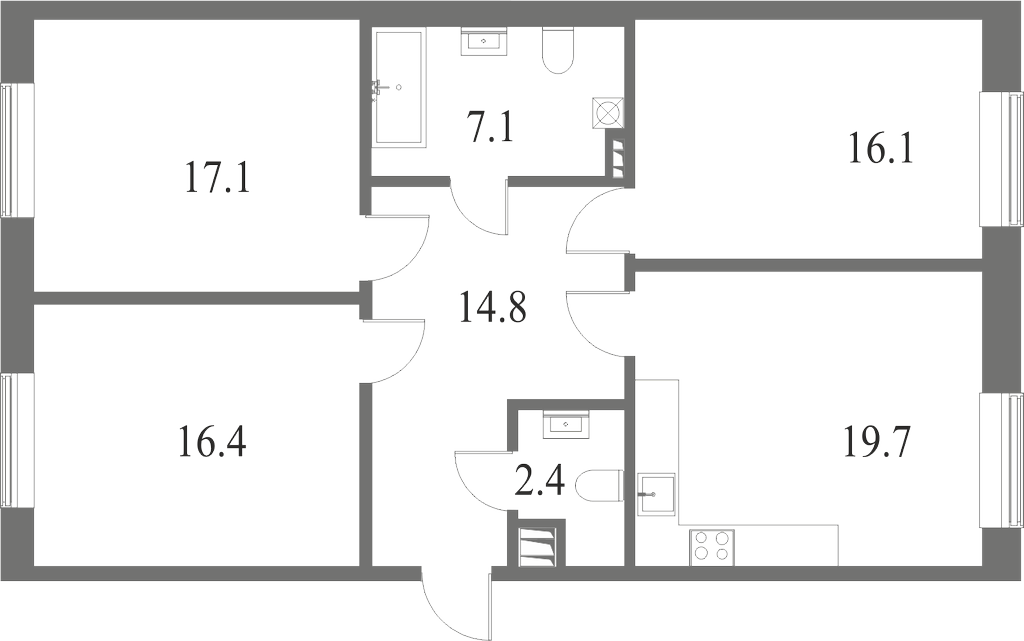План квартиры №177 с 3 спальнями на 7 этаже 6 корпуса ЖК NEVA HAUS