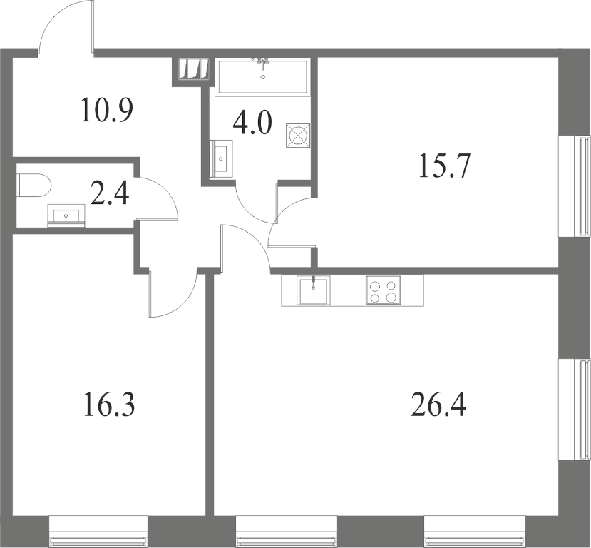 План квартиры №188 с 2 спальнями на 1 этаже 6 корпуса ЖК NEVA HAUS