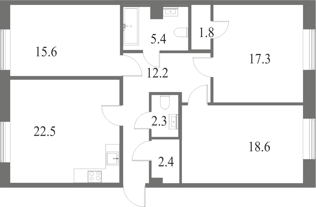 План квартиры №191 с 3 спальнями на 1 этаже 6 корпуса ЖК NEVA HAUS
