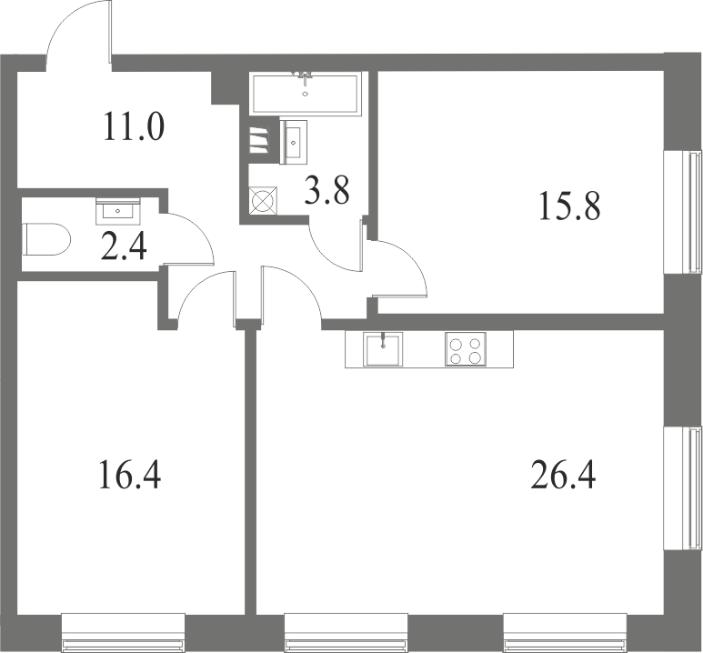 План квартиры №195 с 2 спальнями на 2 этаже 6 корпуса ЖК NEVA HAUS