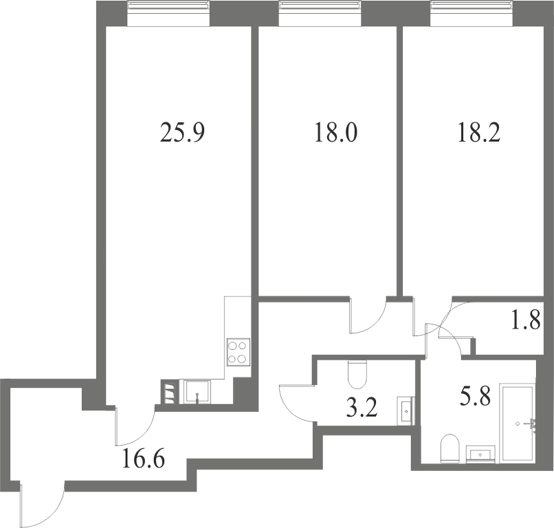 План квартиры №2 с 2 спальнями на 1 этаже 6 корпуса ЖК NEVA HAUS