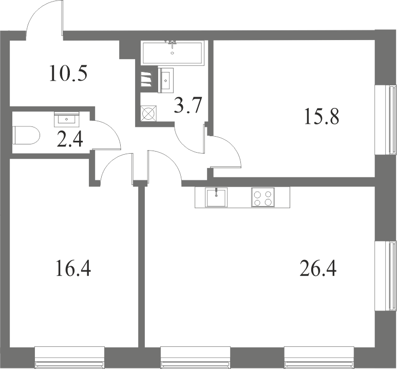 План квартиры №232 с 2 спальнями на 7 этаже 6 корпуса ЖК NEVA HAUS