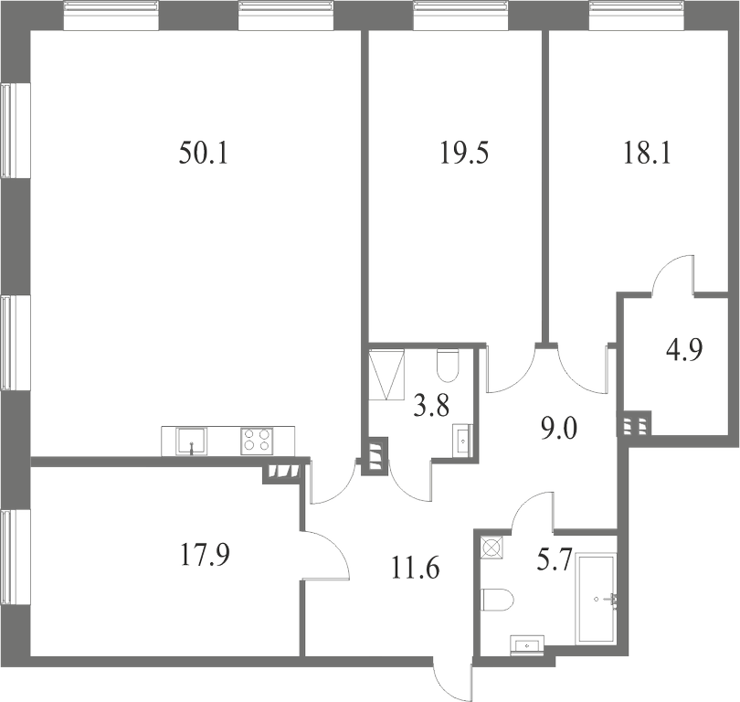 План квартиры №3 с 4 спальнями на 1 этаже 6 корпуса ЖК NEVA HAUS
