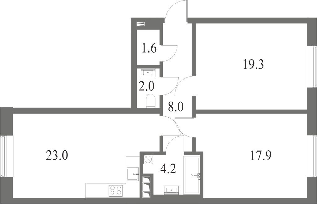 План квартиры №337 с 2 спальнями на 6 этаже 6 корпуса ЖК NEVA HAUS