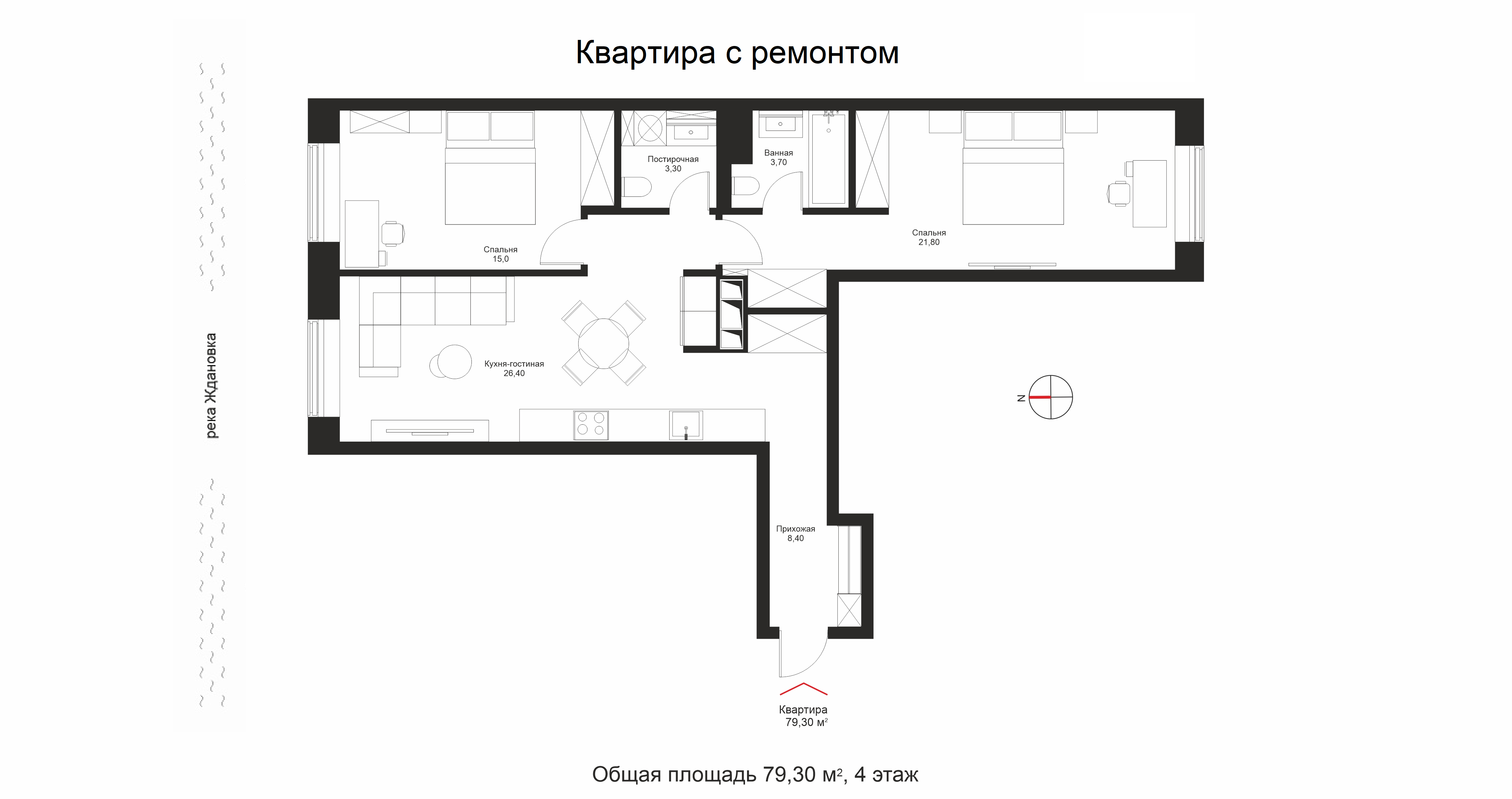 План квартиры №364 с 3 спальнями на 4 этаже 6 корпуса ЖК NEVA HAUS