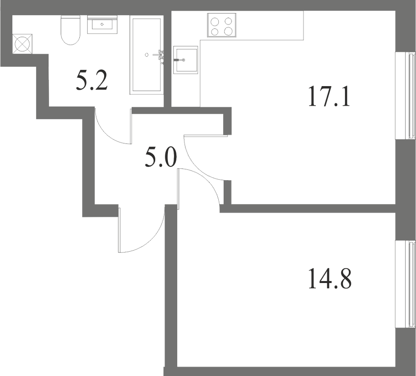 План квартиры №42 с 1 спальней на 4 этаже 6 корпуса ЖК NEVA HAUS