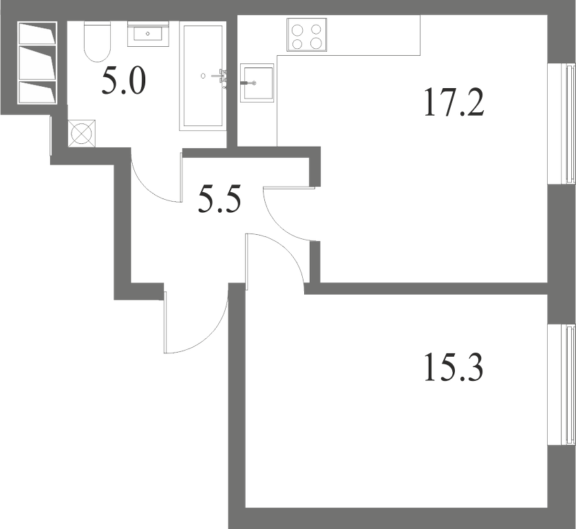 План квартиры №54 с 1 спальней на 8 этаже 6 корпуса ЖК NEVA HAUS