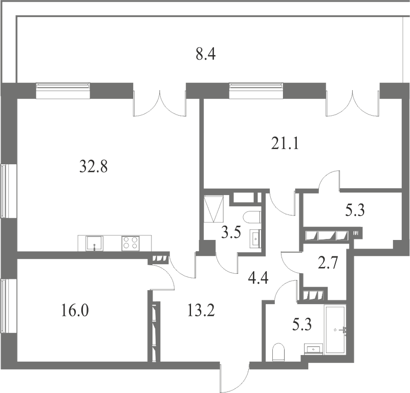 План квартиры №58 с 3 спальнями на 9 этаже 6 корпуса ЖК NEVA HAUS