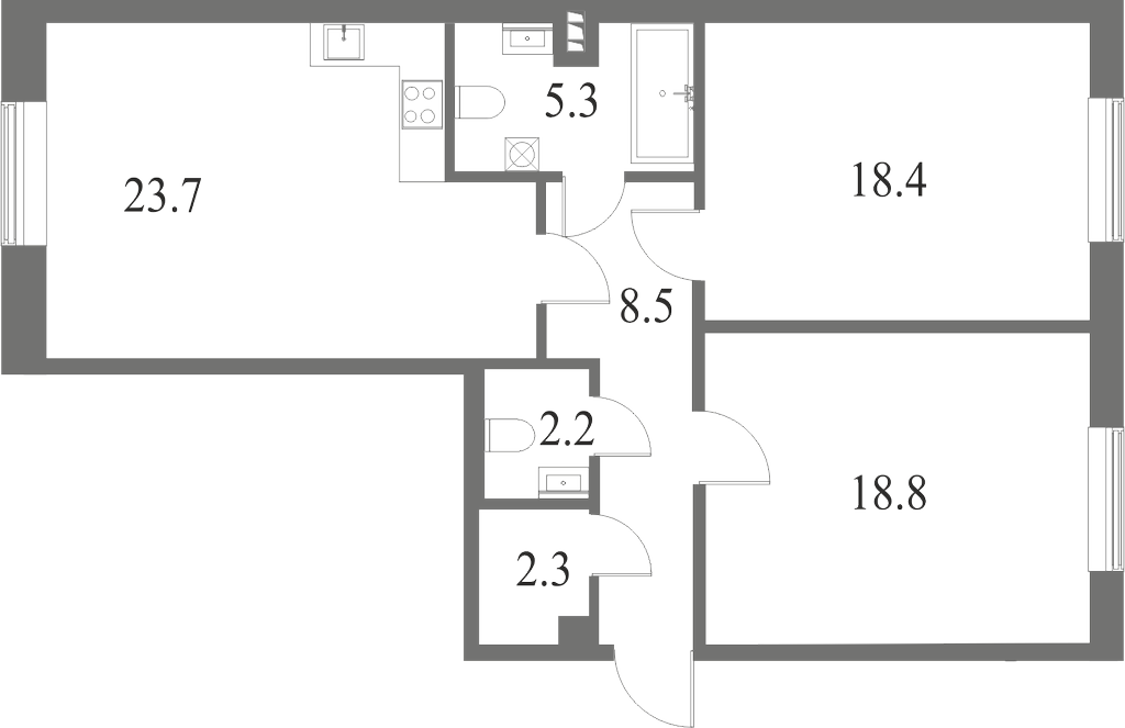 План квартиры №60 с 2 спальнями на 1 этаже 6 корпуса ЖК NEVA HAUS