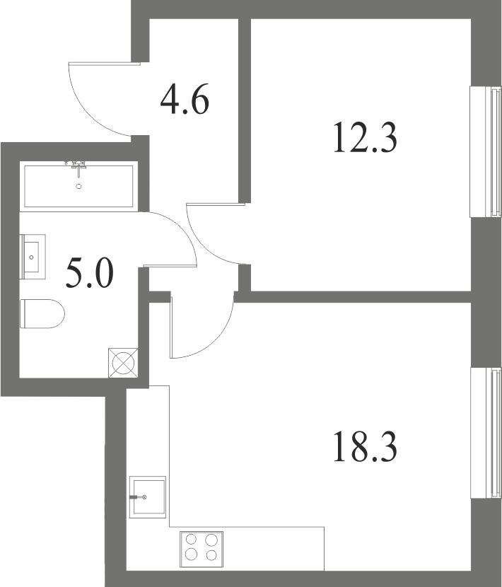 План квартиры №65 с 1 спальней на 9 этаже 6 корпуса ЖК NEVA HAUS
