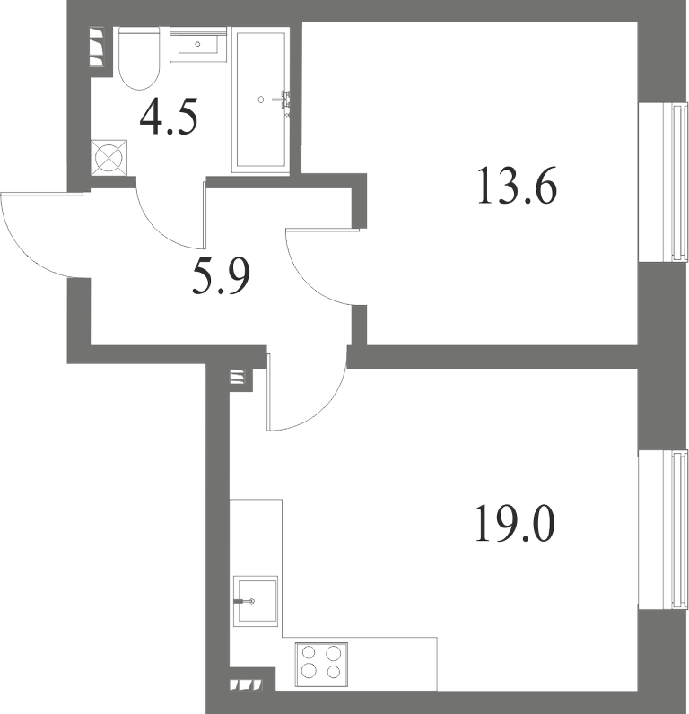 План квартиры №74 с 1 спальней на 2 этаже 6 корпуса ЖК NEVA HAUS