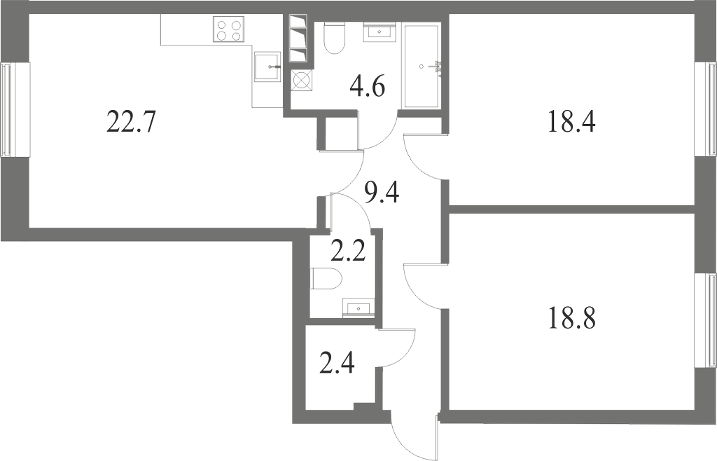 План квартиры №75 с 2 спальнями на 5 этаже 6 корпуса ЖК NEVA HAUS