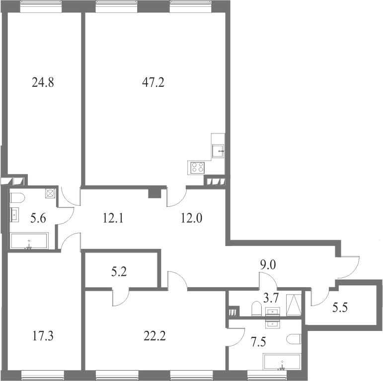 План квартиры №99 с 4 спальнями на 4 этаже 6 корпуса ЖК NEVA HAUS