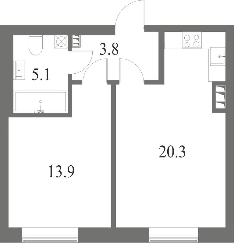 План квартиры №100 с 1 спальней на 3 этаже 7 корпуса ЖК NEVA HAUS