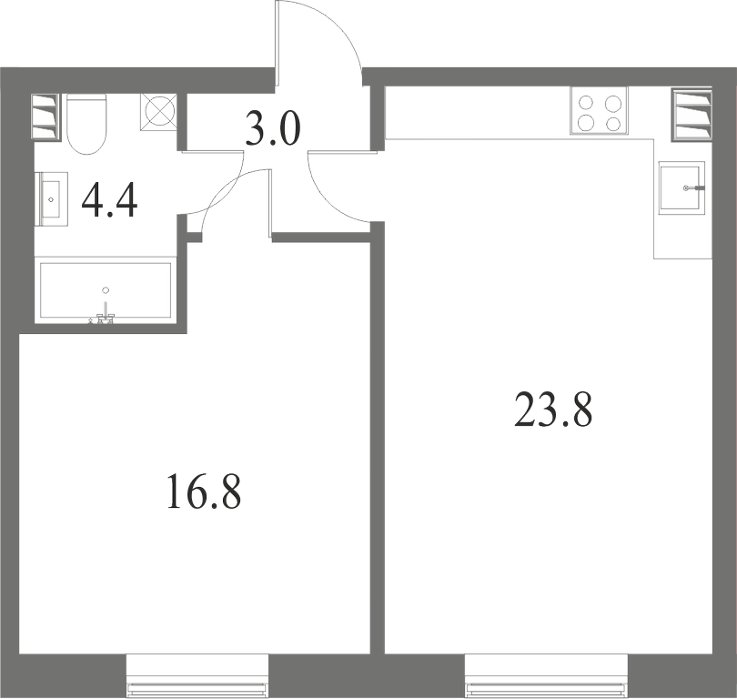 План квартиры №102 с 1 спальней на 4 этаже 7 корпуса ЖК NEVA HAUS