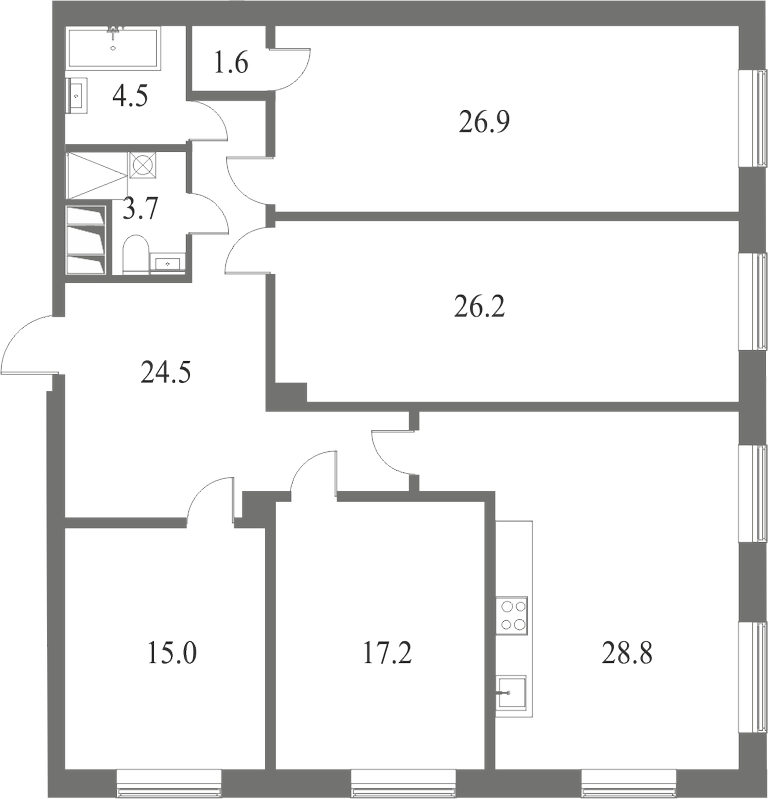 План квартиры №104 с 4 спальнями на 1 этаже 7 корпуса ЖК NEVA HAUS