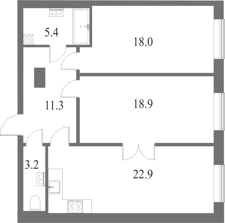 План квартиры №105 с 2 спальнями на 1 этаже 7 корпуса ЖК NEVA HAUS