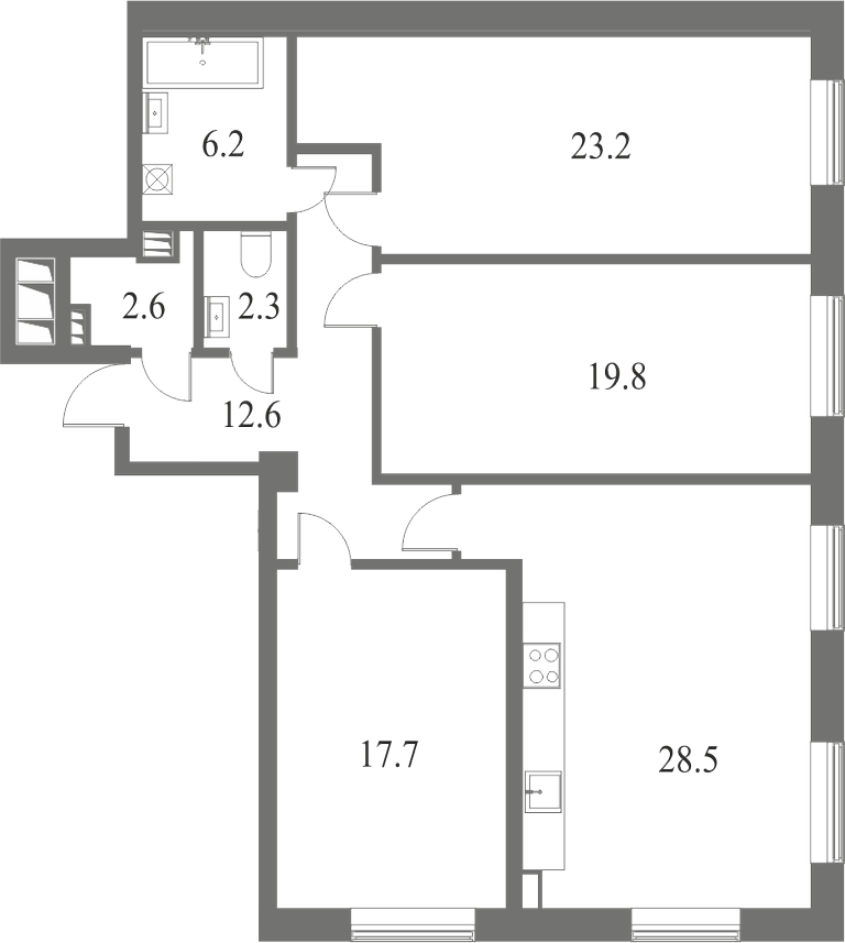 План квартиры №111 с 3 спальнями на 3 этаже 7 корпуса ЖК NEVA HAUS