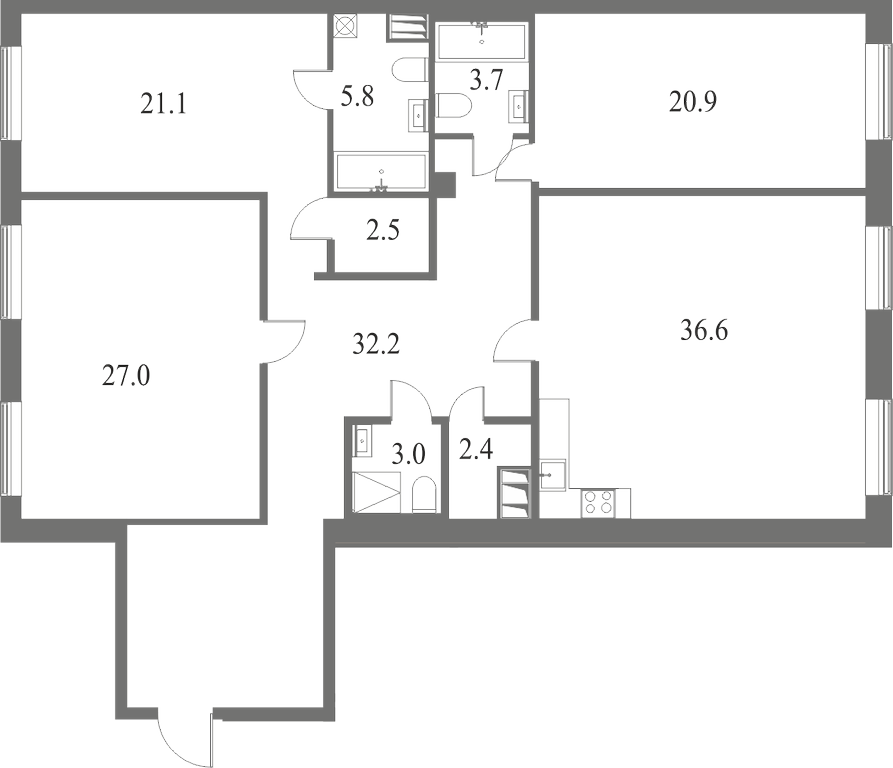 План квартиры №116 с 3 спальнями на 5 этаже 7 корпуса ЖК NEVA HAUS