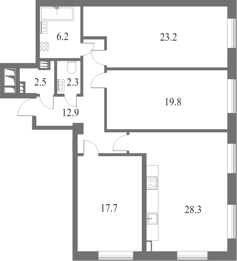План квартиры №117 с 3 спальнями на 5 этаже 7 корпуса ЖК NEVA HAUS
