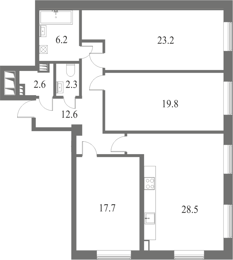 План квартиры №129 с 3 спальнями на 7 этаже 7 корпуса ЖК NEVA HAUS