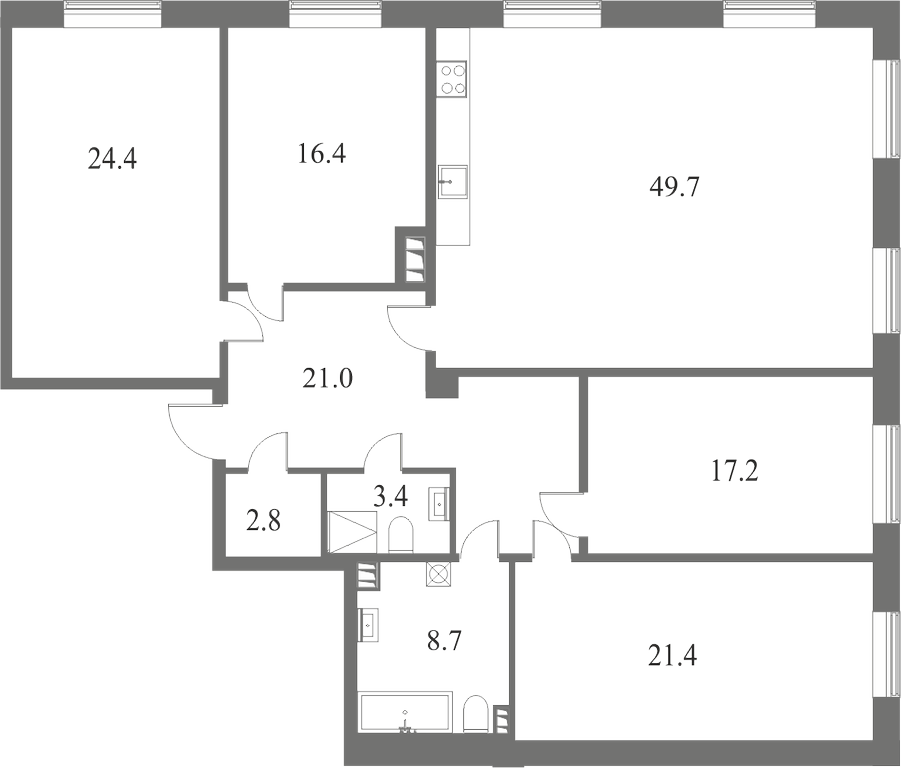 План квартиры №13 с 4 спальнями на 4 этаже 7 корпуса ЖК NEVA HAUS
