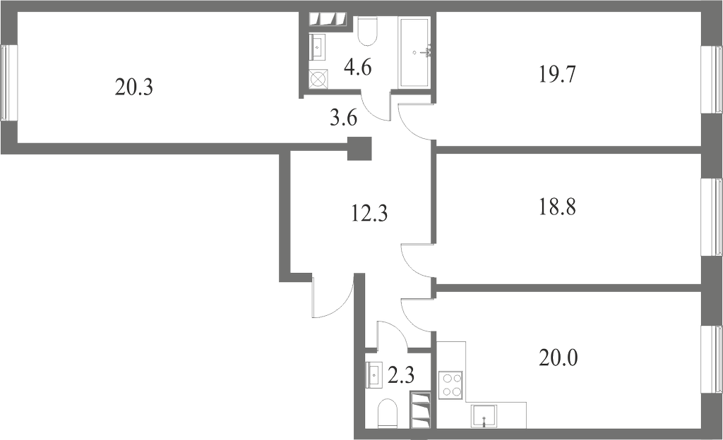 План квартиры №145 с 3 спальнями на 5 этаже 7 корпуса ЖК NEVA HAUS