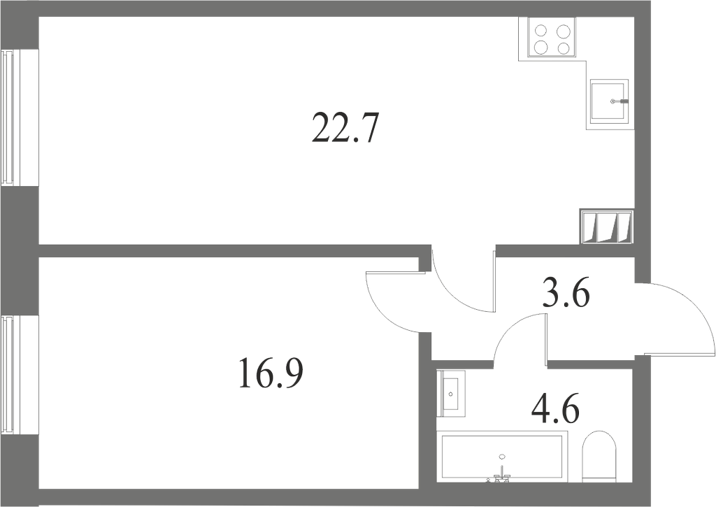 План квартиры №194 с 1 спальней на 4 этаже 7 корпуса ЖК NEVA HAUS