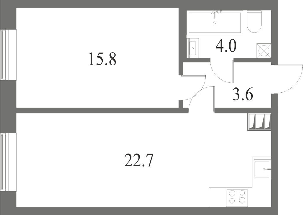 План квартиры №33 с 1 спальней на 4 этаже 7 корпуса ЖК NEVA HAUS