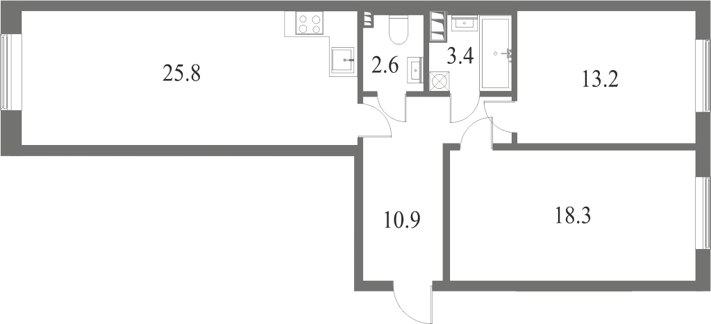 План квартиры №58 с 2 спальнями на 4 этаже 7 корпуса ЖК NEVA HAUS