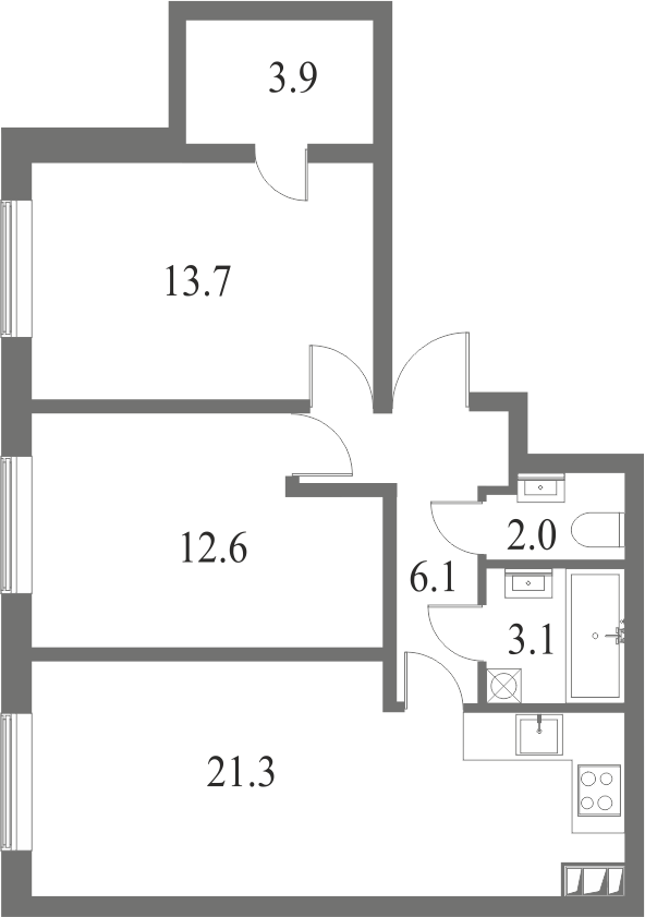 План квартиры №6 с 2 спальнями на 3 этаже 7 корпуса ЖК NEVA HAUS