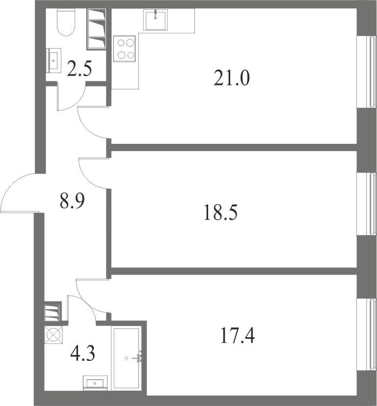 План квартиры №61 с 2 спальнями на 4 этаже 7 корпуса ЖК NEVA HAUS