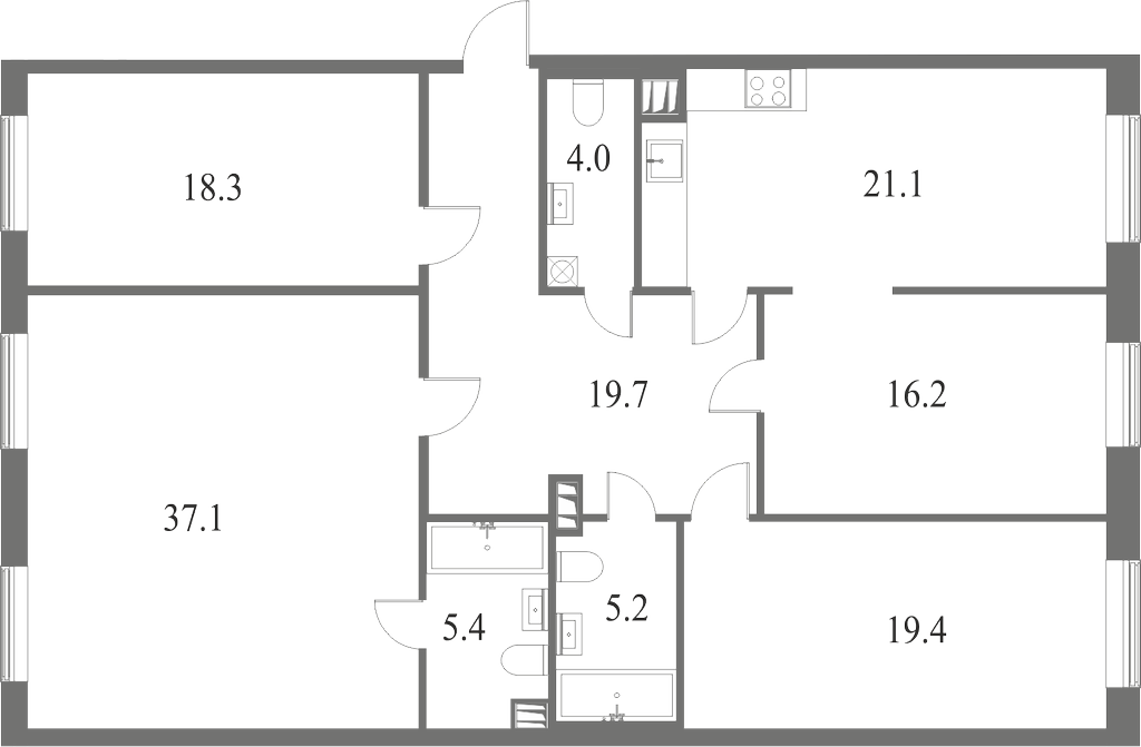 План квартиры №65 с 4 спальнями на 5 этаже 7 корпуса ЖК NEVA HAUS