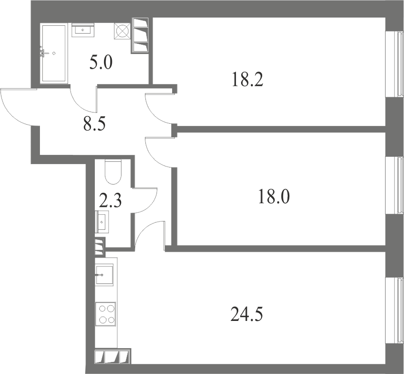 План квартиры №7 с 2 спальнями на 3 этаже 7 корпуса ЖК NEVA HAUS