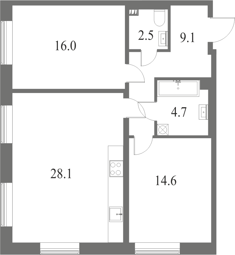 План квартиры №82 с 2 спальнями на 4 этаже 7 корпуса ЖК NEVA HAUS