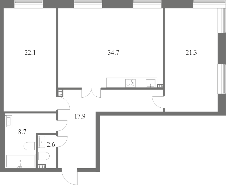 План квартиры №2 с 2 спальнями на 1 этаже 8 корпуса ЖК NEVA HAUS