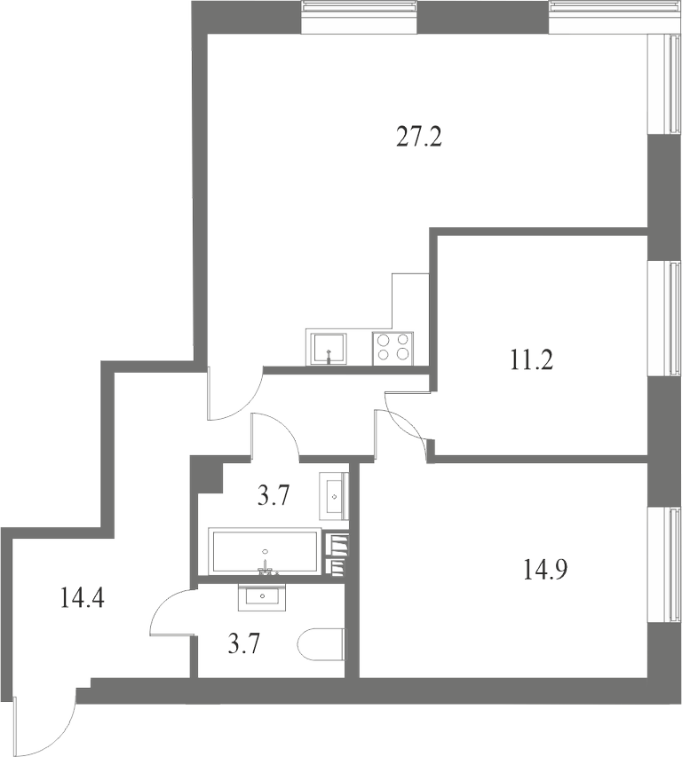 План квартиры №52 с 3 спальнями на 7 этаже 8 корпуса ЖК NEVA HAUS